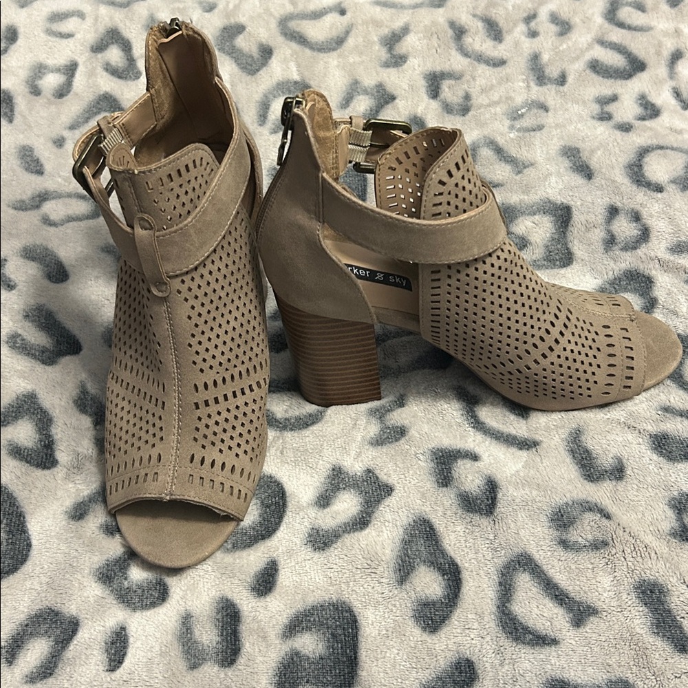 Taupe Peep-Toe Block Heel Sandals